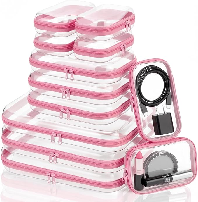 12 Pack Clear Hard Shell Zipper Case with 40 Labels, X-Large/Medium/Small Stackable Clear Pouches, Crush-resistant Travel Toiletry Bag Organizer for Makeup Board Games Electronics (Pink) by Unknown