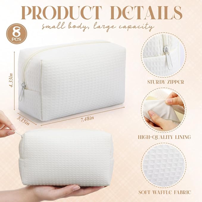 Gilprop 8 Pcs Holiday Gifts for Women Cozy Makeup Bag Portable Travel Waffle Toiletry Bag Soft Wedding Makeup Organizer Large Pouch with Zipper for Bridesmaid Friend (White) - Image 2