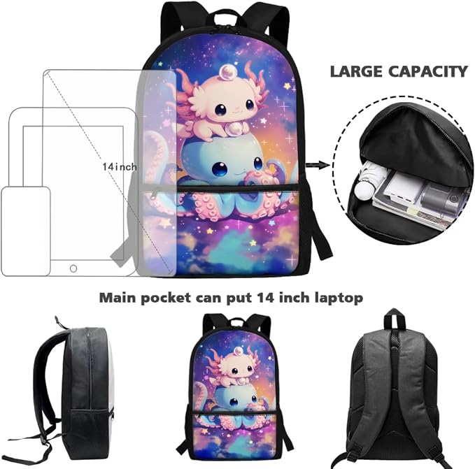 4-in-1 Kids School Backpack Set, 20+ Cute Octopus & Axolotl Designs for Girls, 17'' Bookbag with Insulated Lunch Box, Pencil Case & Water Bottle Holder, Schoolbag Gift for Kids Age 6-12 - Image 4