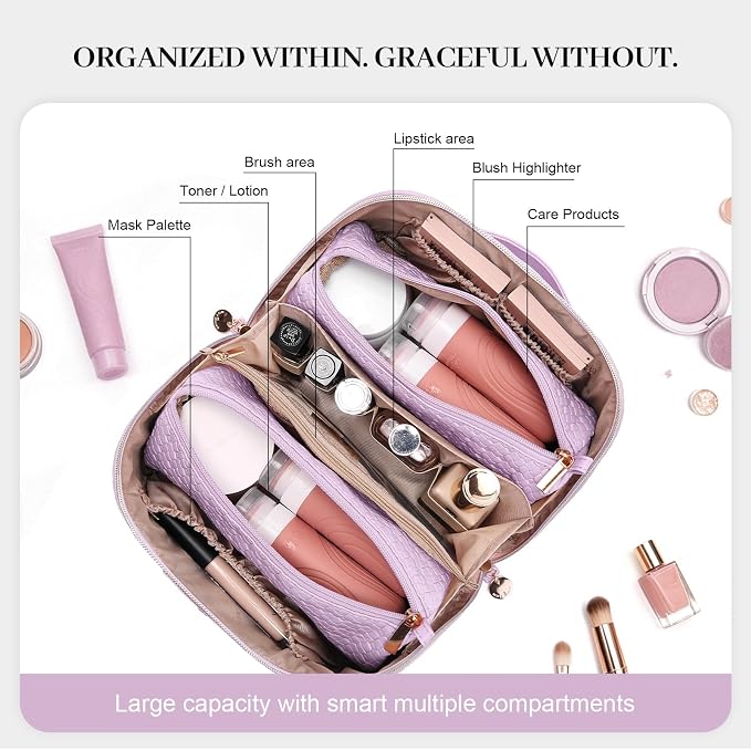 Travel Makeup Bag for Women: Designer 3 Pcs Set Cosmetic Bags for Women - Large Capacity Vagen Leather Hand-made for Toiletry Organizer - Ladies Travel Flat Open Essentials for Luxury (06Purple) - Image 6