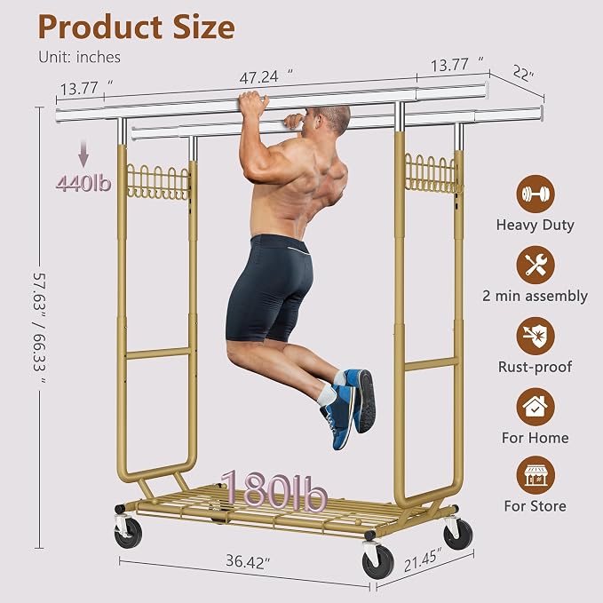 Hoctieon 2-Minute Assembly Double Rod Clothes Rack, Heavy Duty Rolling Clothing Racks with Wheels, Foldable Commercial Garment Rack, Extendable Hanging Bar, Adjustable Metal Pole with Hooks, Gold - Image 9