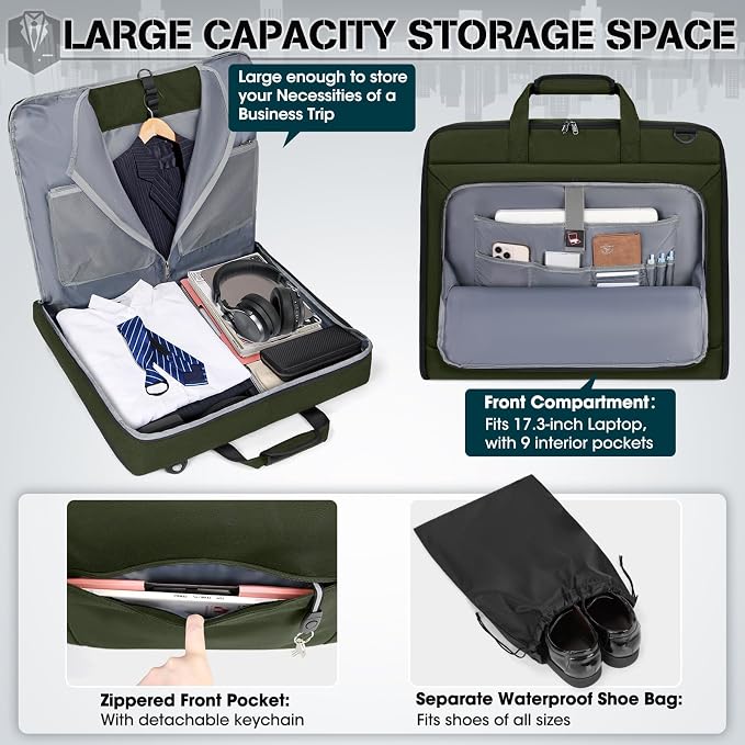 RAINSMORE Garment Bags for Travel Carry On Garment Bag for Hanging Clothes, Suit Bag for Business Trips with Shoes bag & Shoulder Strap, Waterproof Foldable Suit Luggage Bag for Men Women, Green - Image 3