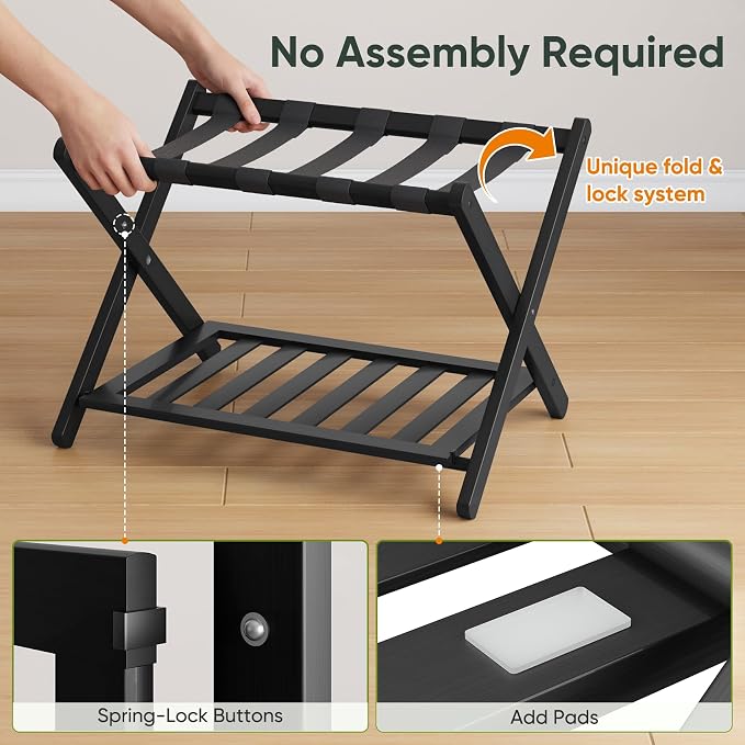 Smart FENDEE 2 Packs Fully Assembled Black Bamboo Luggage Racks with Shoe Shelf, 5 Straps Folding Suitcase Stand, Heavy Duty Luggage Holders for Guest Room, Bedroom, Hotel - Image 4
