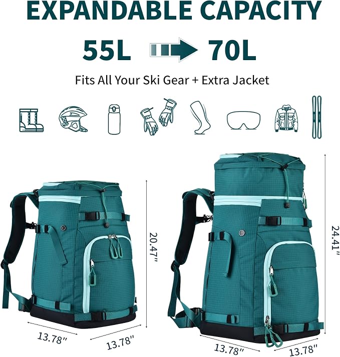 55L-70L Expandable Ski Boot Bag – Waterproof, Durable with Helmet Compartment – Ideal for Ski & Snowboard Gear – Men & Women - Image 2