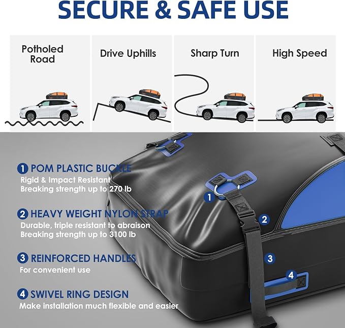 Asinking Car Rooftop Cargo Carrier Bag 20 Cubic Feet, 100% Waterproof Roof Bag Top Luggage Carrier for Any Vehicles with/without Rack Cross Bar, Includes Anti-Slip Mat +4 Door Hooks +Storage Bag +Lock - Image 5