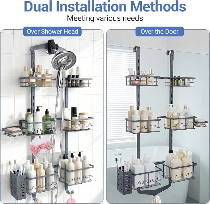 Extra Large Shower Caddy Hanging, Rust-Resistant Shower Organizer Hanging,3 Tier Height-Adjustable Over the Head Caddy,Rack with Soap Basket (Gray) - Image 3