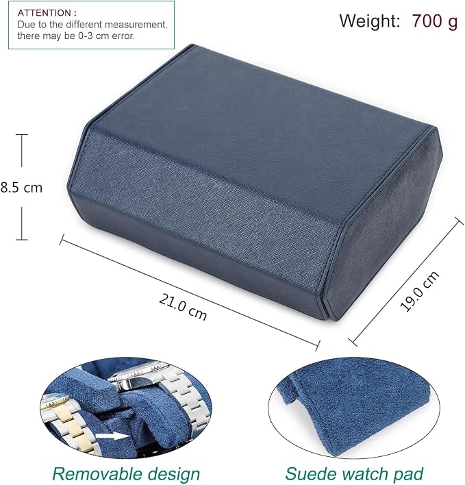 Hiram Genuine Leather Hexagon Watch Roll Travel Case, Leather 6-Watches Roll Case with Removable Pillow Cushion for Treasured Watches and Bracelets-Blue - Image 3