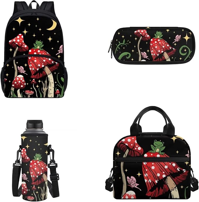 4 PCS Cute Frog Mushroom Backpack Girls Moon Stars Mushroom Schoolbag With Insulated Lunch Bag Crossbody Water Holder Case Pencil Box,Child School Bag Sets for Travel/Sports/Hiking by FUIBENG