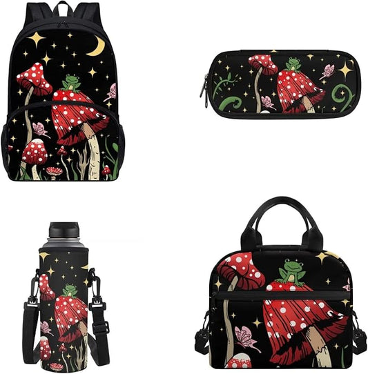4 PCS Cute Frog Mushroom Backpack Girls Moon Stars Mushroom Schoolbag With Insulated Lunch Bag Crossbody Water Holder Case Pencil Box,Child School Bag Sets for Travel/Sports/Hiking by FUIBENG