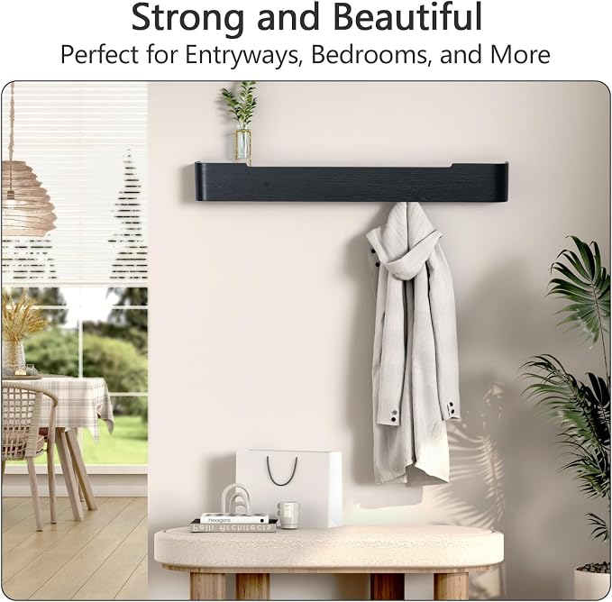 Coat Rack Wall Mount with Shelf 8 Hidden Hooks Modern Wooden Key Holder Entryway Organizer for Hallway Bedroom Bathroom Home Decor Storage for Hanging Coats Hats Bags Towels, Black - Image 5