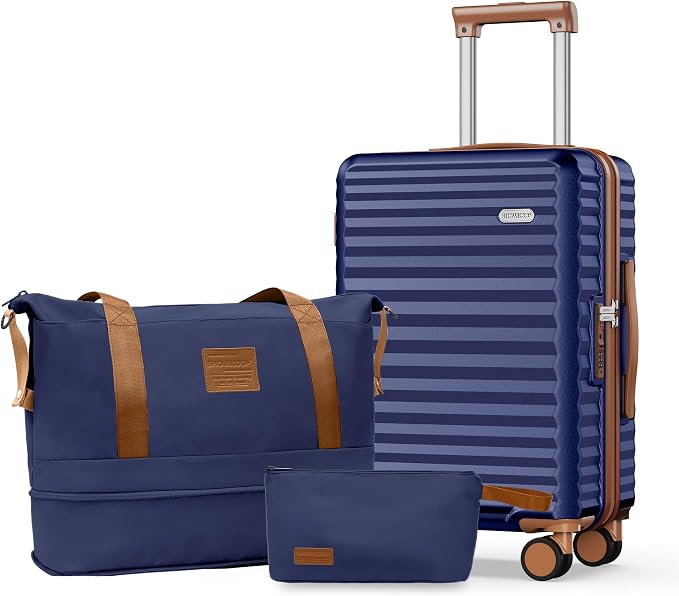 SHOWKOO Carry On Luggage Hardshell Lightweight Luggage Set, Suitcase with Double Spinner Wheels Tsa Lock White 3 piece set Blue (DB/TB/20in) by SHOWKOO