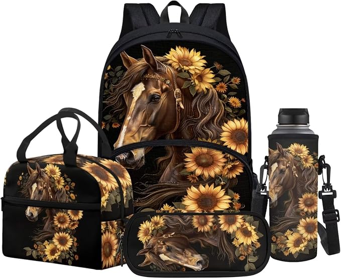 POLERO Sunflower Horse Backpacks for Girls Bookbag with Lunch Box Pencil Case Water Bottle Holder Teens Secondary School Bag Set by WelcometoPOLERO