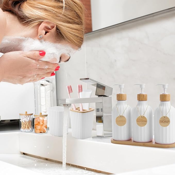 Bathroom Accessories Set White Bathroom Set with Trash Can,3PCS Lotion Soap Dispenser, Toothbrush Holder, Soap Dish,Tumbler Cup,6pcs Wood Tags White Bath Accessories with Tray for Bathroom Decor - Image 2