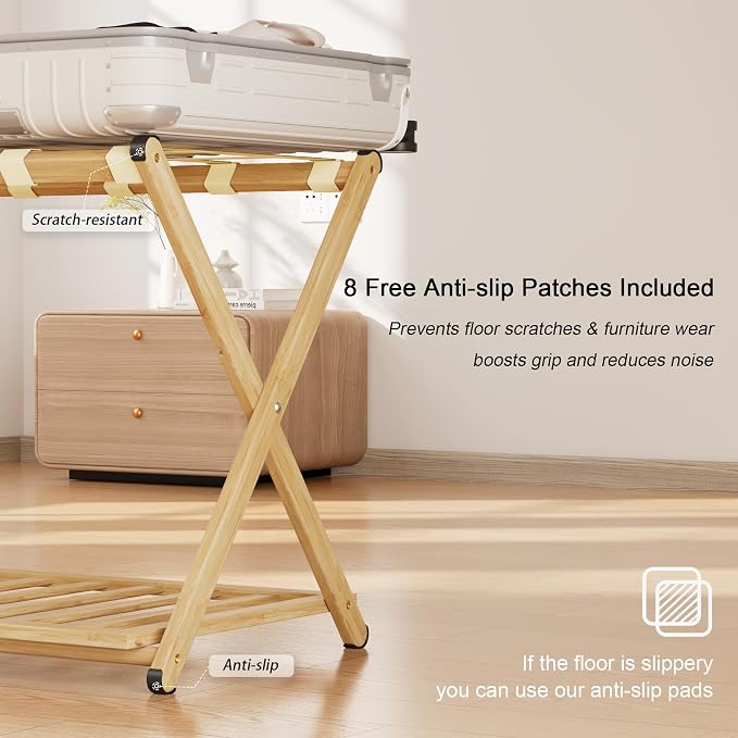 Fully Assembled Luggage Rack Set of 2 for Guest Room, Bamboo Suitcase Stand with Foldable Storage Shelf, Crossed Nylon Straps Folding Luggage Holder for Bedroom and Hotel, Natural - Image 6
