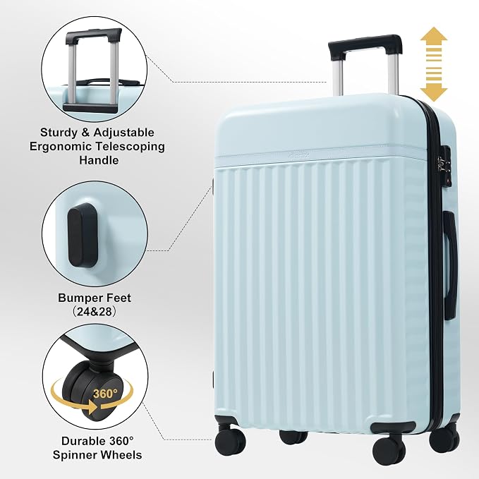Merax Luggage Sets, Durable Hardshell 3 Piece Suitcase with Bags | Lightweight Carry on Luggage with Double Spinner Wheels and TSA Lock,20+24+28 inches,Light Blue - Image 4