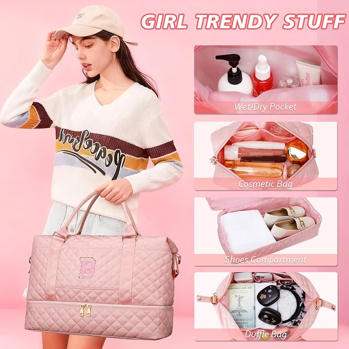 Gifts for Daughter Girls Birthday Initial Travel Duffle Bag Quilted Weekender Bags Carry-On Overnight with Makeup Bag, Gym Bag with Shoe Compartment, Pink-B - Image 5
