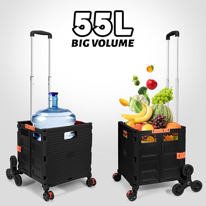 FELICON SELORSS Folding Utility Climber Cart Portable Rolling Crate-Black | Stair Climbing Wheels+360°Swivel Wheels,Telescoping Handle,Plastic Box Dolly for Travel Shop Move Laundry Office Teacher Use - Image 6