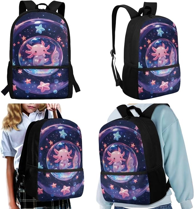Bubble Axolotl Kids 4-in-1 School Backpack Set, 17'' Cute Bookbag with Insulated Lunch Box, Pencil Case & Water Bottle Holder, Perfect for School Travel Camping, Gift for Girls Age 6-12 - Image 2