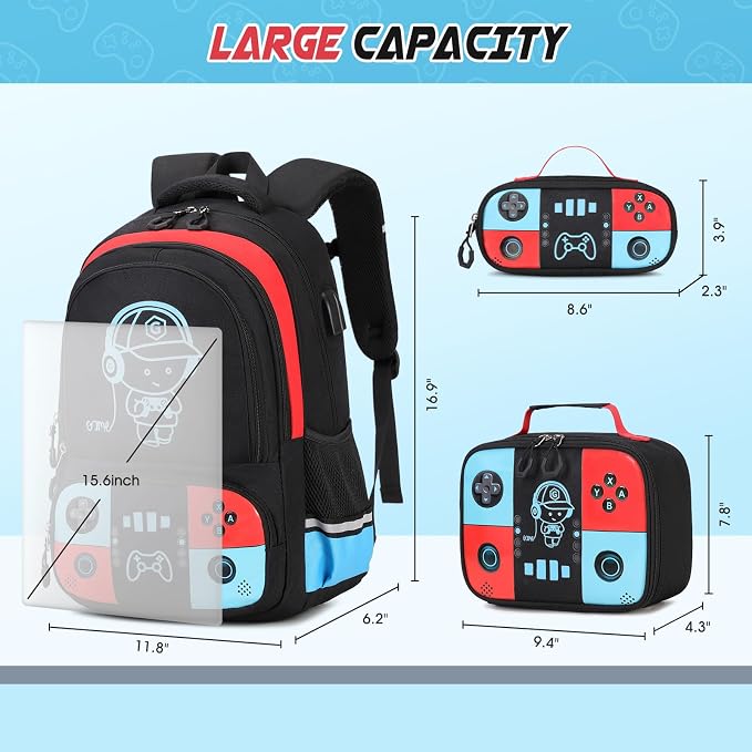 Bevalsa Backpack for School Boys, Cool Luminous Gamer Boys Schoolbag with Lunch Box & Pencil Case Set for Kids Teens Elementary Middle School, Bookbag Glow In The Dark(Red Blue Backpack) - Image 3