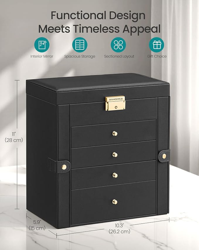 SONGMICS Jewelry Box Organizer, 5-Layer with 4 Drawers, Ink Black | Jewelry Storage Case with Lock and Mirror, Large Storage Capacity, for Necklaces, Watches, Gift for Loved Ones UJBC153BZ01S - Image 3