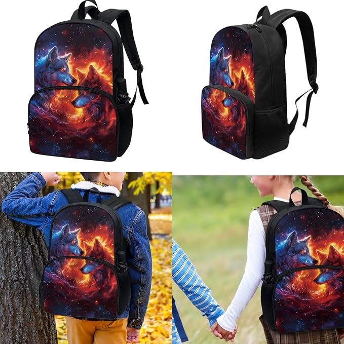 Cool Wolf Backpack Satchel 3 Pack Set Kids Teen Middle School Bookbag with Lunch Box Pencil Case Sudents Schoolbags Outdoor Travel Daypack Back Pack Set - Image 2