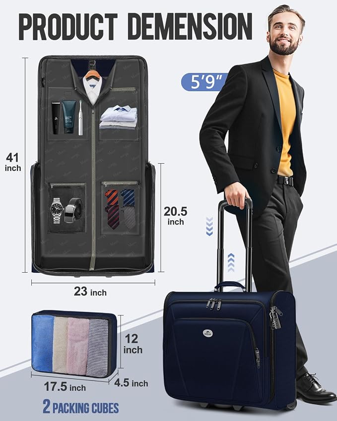 MATEIN Rolling Garment Bags for Travel, Large 2-Wheeled Suit Carrier, Blue | Foldable Travel Suit Bag with Wheels, 2 Packing Cubes, Check-in Suitcase Luggage, For Business Trips, Fits 17.3 Inch Laptop - Image 7