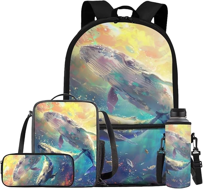 Whale Backpack for Girls Kids Backpack with Lunch Box Water Bottle Bag and Aesthetic Pencil Case 4PCS Set Bookbag with Front Pocket for School Teens 17" Lightweight School Bag with Side Pocket by ELEDIZI