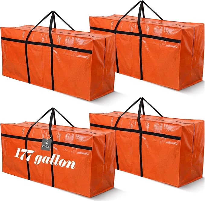 Windyun 4 Pack 177 Gallon Extra Large Moving Bags XXL Heavy Duty Storage Bag with Strong Zipper Handle Jumbo Big Tote Box Foldable for College Dorm Travel Clothes Duffle Blanket Pillow(Orange) by Windyun