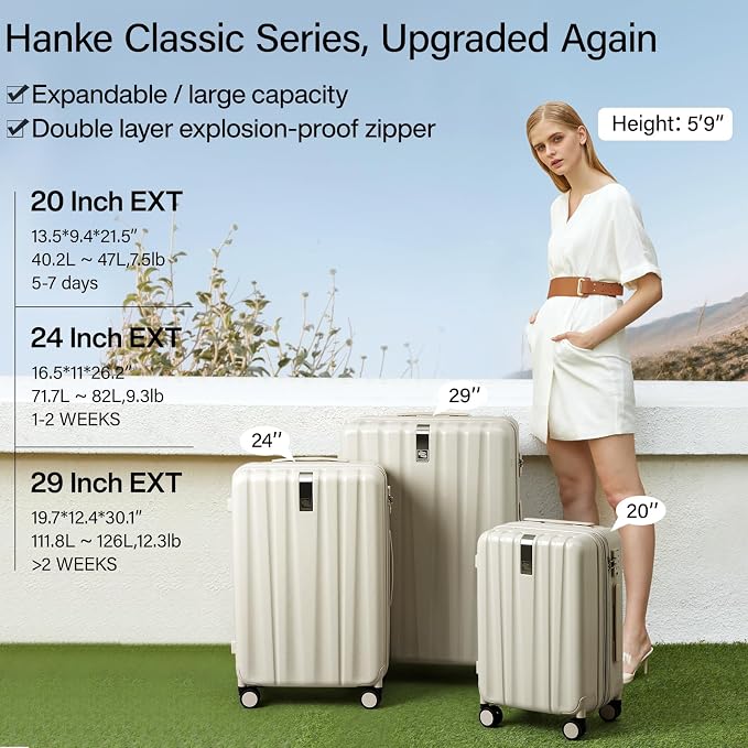 Hanke 20 Inch Expandable Carry on Luggage 22x14x9 Airline Approved Lightweight PC Hard Shell Suitcases with Wheels Travel Luggage Rolling Suitcase Travel Luggage Bag for Weekender(Ivory White) - Image 2