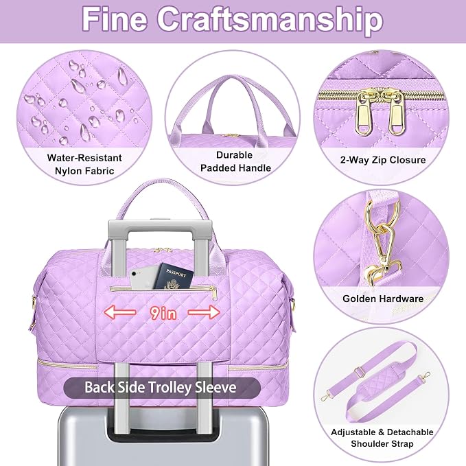 Graduation Birthday Gift for Her, Personalized Initial Weekender Bag for Women 45L Travel Duffle Carry On Quilted, 3PCS Overnight with Cosmetic & Toiletry Bag, Shoe Compartment, Gym Dance Bag for Girl - Image 4