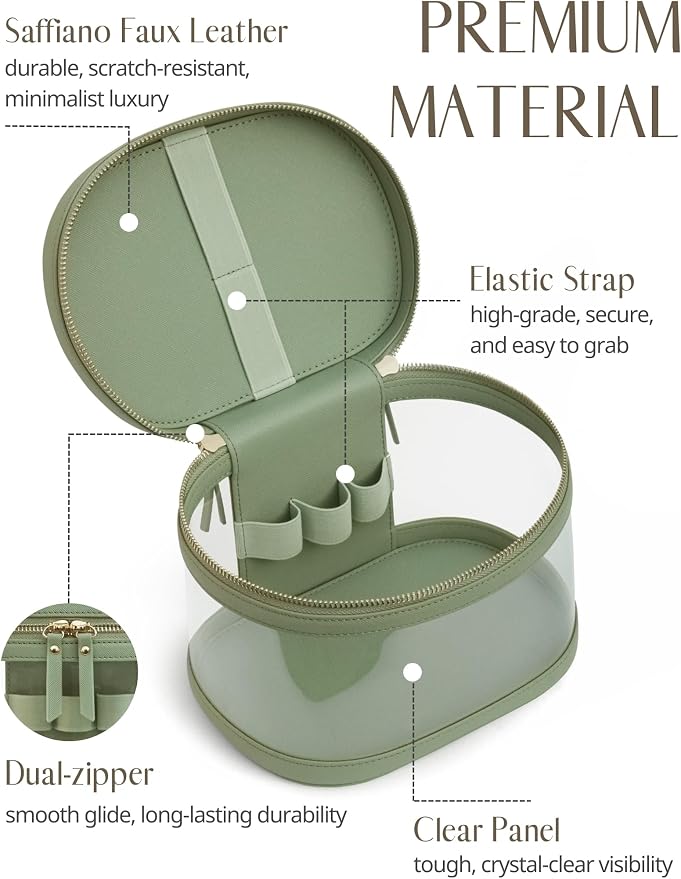 Popvibe Travel Makeup Case Clear Vanity Bag with Brush Holder, Compact Leather Train Case Sage Green Make Up Bag Storage Organizer Luxury Cosmetic Case Travel Essentials Cute Portable with Handle - Image 5