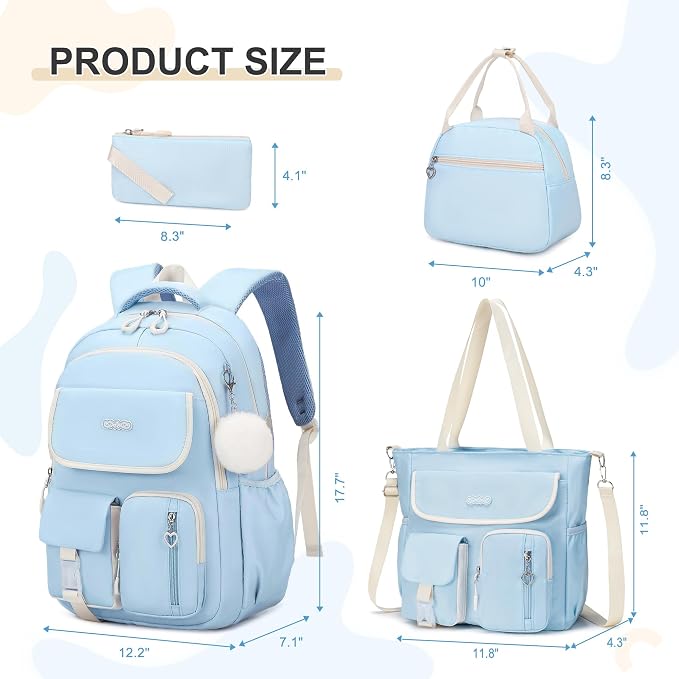 DIGOBAY Backpacks for Girls, 4PCS School Girls Backpack with Tote Bag Lunch Box Pencil Pouch for Teen Kids Elementary Primary Middle High College Travel School bag Bookbag Set, Blue - Image 2