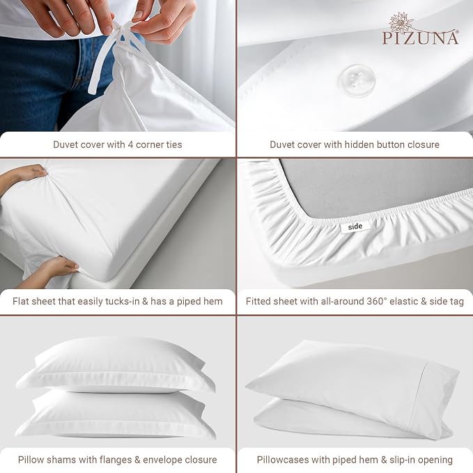 Pizuna Pure 100% Long-Staple Cotton Duvet Cover + Sheet Set King, Luxurious 400 Thread Count Long Staple Cotton, Soft Sateen Weave Bedding Set (White) - Image 4