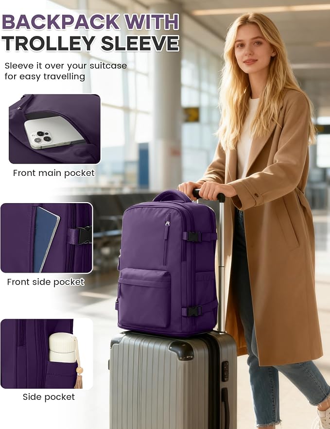 WONHOX Large Travel Backpack Women,Carry On Laptop Backpack Flight Approved,Mochila De Viaje Men Hiking Waterproof Rucksack Casual Daypack with Shoes Compartment,Personal Item Travel Bag Dark Purple - Image 5