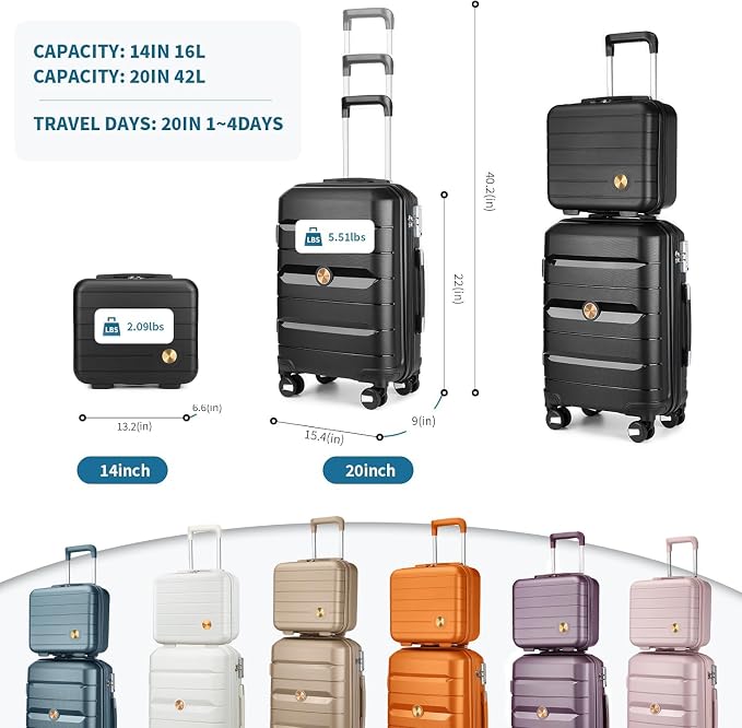 Somago 20" Carry On Luggage and 14" Mini Cosmetic Cases Travel Set Lightweight Polypropylene Suitcase with TSA Lock YKK Zipper Hardside Luggage with Spinner Wheels (2 Piece Set, Classic Black) - Image 8