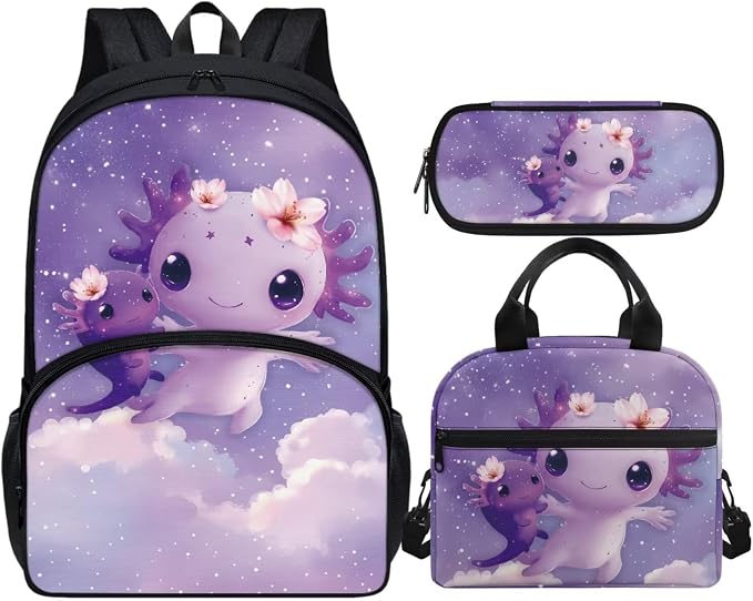 Axolotl Girls Backpacks for Elementary School Cute Bookbag for Kids 3 Pcs School Bag Set with Lunch Box and Pencil Bag Aesthetic School Supplies by Vanideaoty