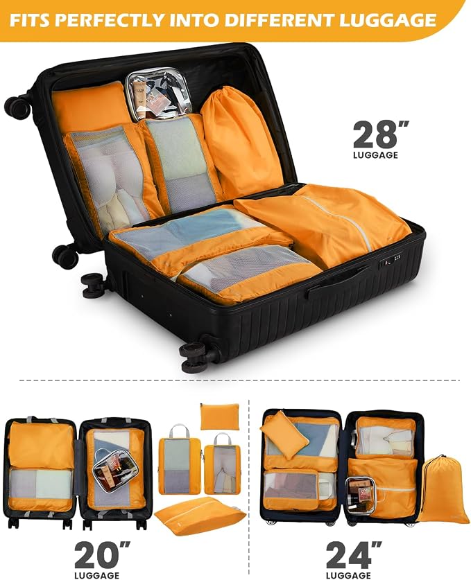 Gonex 8 Set Expandable Mesh Packing Cubes for Travel - Compression Packing Organizers with Toiletry, Laundry, Shoe & Cable Bags - Orange - Image 7