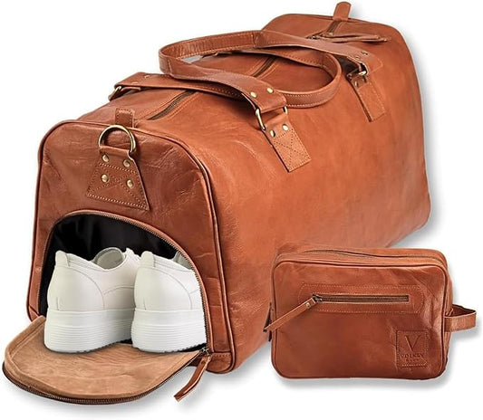 Leather Duffle Bag for Men & Women, 46L Overnight Weekender Garment Duffel Bags for Travel, Carry On Mens Weekend Bag for Traveling, Gym - 23 Inch, Brown (Tan) by VolksyBags