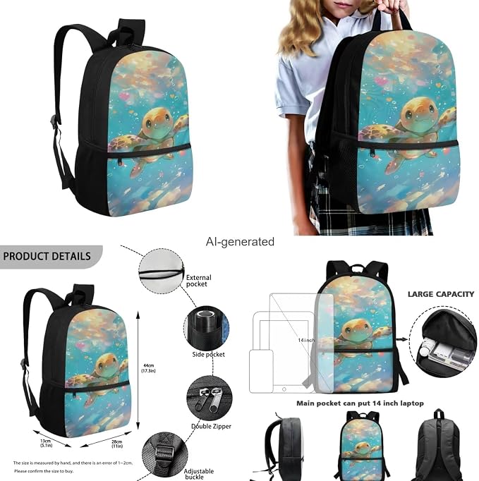 Cute Sea Turtle Backpack for Girls Kids Backpack with Lunch Box Water Bottle Holder with Strap and Large Pencil Case 4PCS Set Bookbag with Front Pocket 17 inch Sturdy Elementary School Bag - Image 3