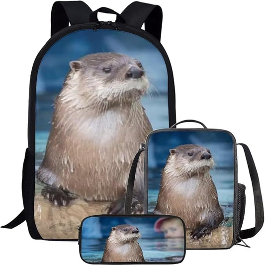 Kids Novelty Animal Backpack and Lunch Box for Boys Girls Student Lightweight 17 Inch School North American River Otter Backpack with Lunch Bag Pencil Case Kids Comfy Padded Black Large Bookbag by Parprinty