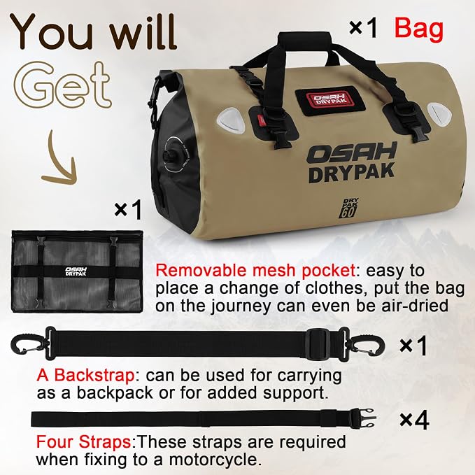 OSAH DRYPAK Waterproof Duffel Bag - Motorcycle Dry Bag Tail Bag with Large Storage Space, Waterproof Luggage Duffle Bags with Outer Mesh Zipper Pocket for Camping, Kayaking, Fishing & Traveling - Image 7