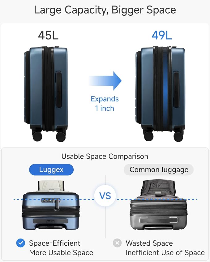 LUGGEX Carry On Luggage with Spinner Wheels, Expandable Polycarbonate Suitcase with Front Pocket (FX-Core, Blue, 21 Inch) - Image 5