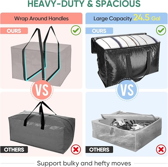 BALEINE 4-Pack Oversized Moving Bags with Reinforced Handles, Heavy-Duty Storage Tote for Clothes, Moving Supplies (Black, 4-Pack) - Image 4