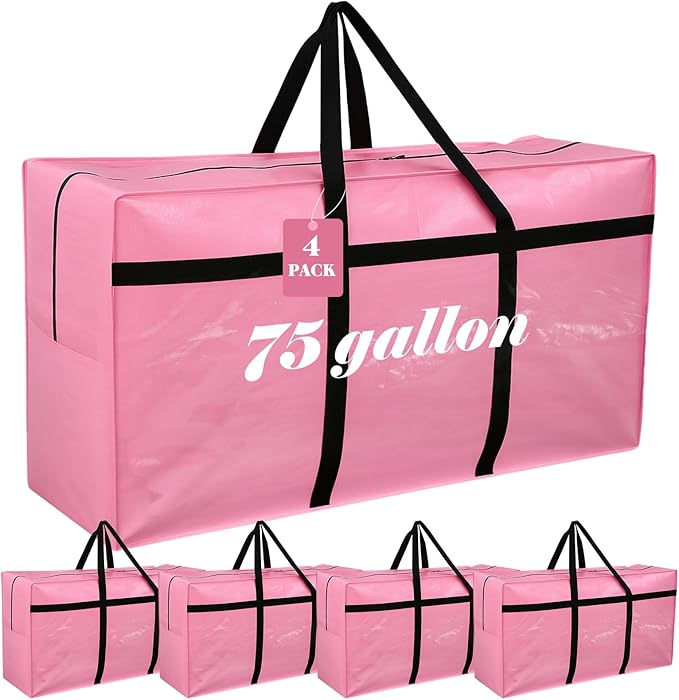Windyun 4 Pack 75 Gallon Extra Large Moving Bags XXL Heavy Duty Storage Bag with Strong Zipper Handle Jumbo Big Tote Box Foldable for College Dorm Travel Clothes Duffle Blanket Pillow(Pink) by Windyun