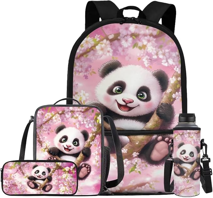 Cherry Blossom Panda Backpack for Girls Kids Backpack with Lunch Box Water Bottle Holder and Big Pencil Case 4PCS Set Bookbag with Front Pocket for School 17" Lightweight Elementary School Bag by ELEDIZI