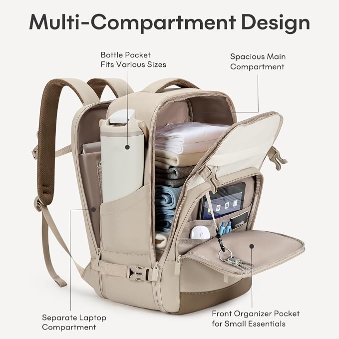 mibasies 40L Travel Backpack for Women & Men: Flight Approved Carry On Backpack, TSA Personal Item Bag with Water Bottle Pocket, Weekender Essentials Backpacks fits 17" Laptop - Khaki Ivory - Image 3