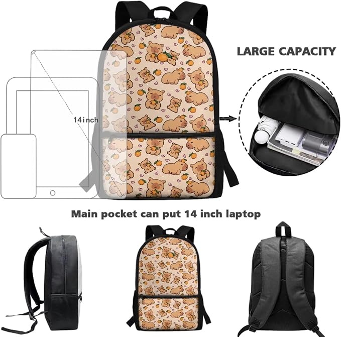 Capybara Orange 3PCS Backpack Set Kids Schoolbag Sets with Lunch Bag Pencil Bag Cute Students Bookbags Girls Boys Lightweight Knapsack Back to School Supplies - Image 2