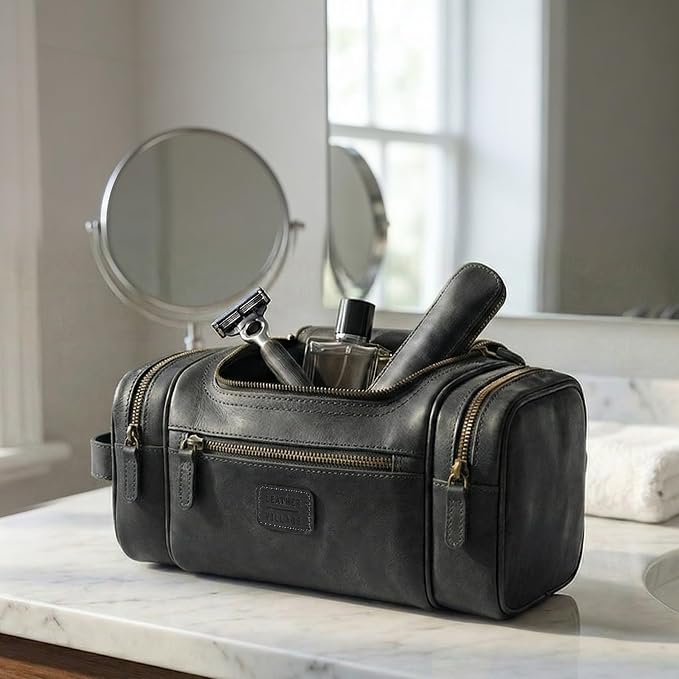 LEATHER VILLAGE Genuine Leather Travel Dopp Kit for Men & Women – Water-Resistant Large-Capacity Hanging Toiletry Bag for Travel, Grooming, Bathroom Organization, Shaving Essentials & Gym Use - Black - Image 8