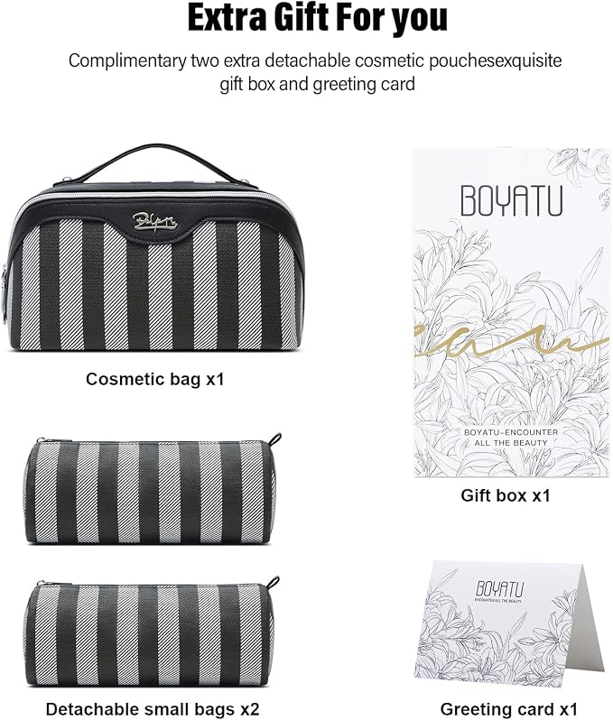 BOYATU Travel Makeup Bag Cosmetic Bag for Women: 3 Pcs Set Striped Make up Bag with Compartments - Waterproof Vegan Leather Toiletry Bag with Handle - Makeup Organizer for Travel Essentials(A-4-Black) - Image 6