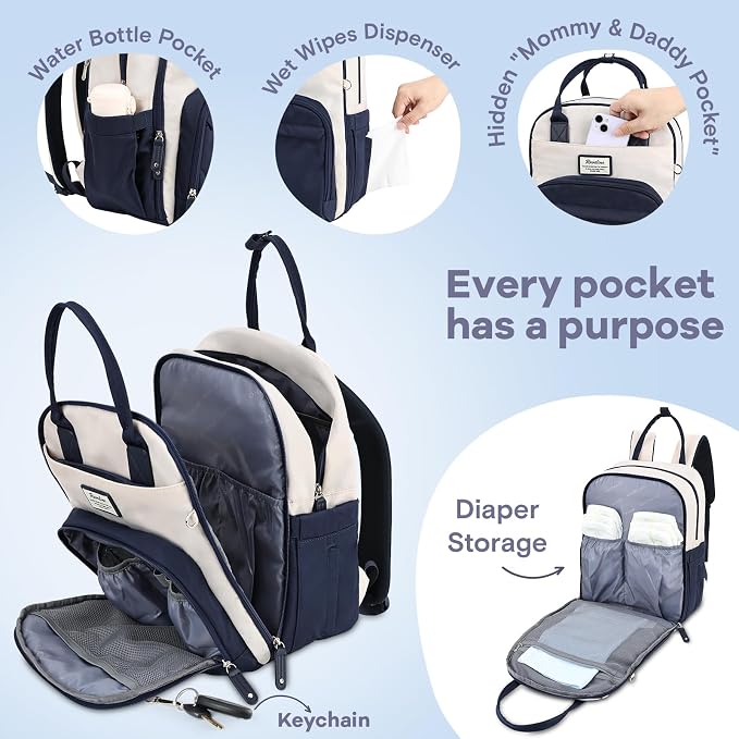 RUVALINO Diaper Bag Backpack-Multifunction Baby Travel Bag with Changing pad, Insulated Bottle Holders & Pacifier Case, Large Capacity, Waterproof, Cream & Blue - Image 5